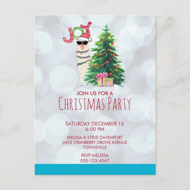 Carte Postale Llama on Silver Bokeh & Icy Blue Christmas Party (Devant)