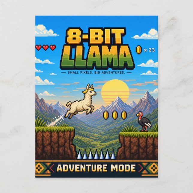 Carte Postale Llama, Rétro Pixel Art 8-Bit (Devant)