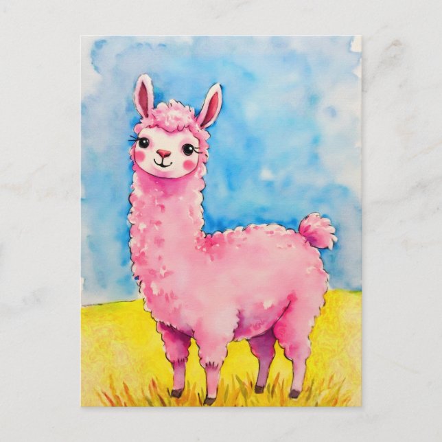 Carte Postale Llama rose contre le ciel bleu (Devant)