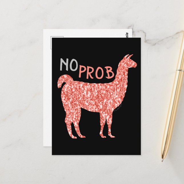 Carte Postale Llama rose corail paillettes sans problème (Devant/Arrière en situation)