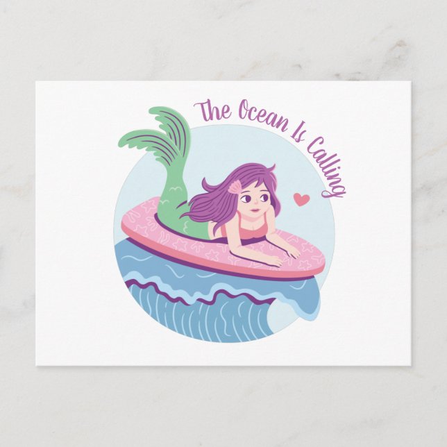 Carte Postale L'océan appelle la sirène de surf drôle (Devant)