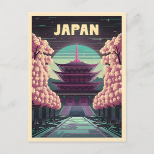 Carte Postale LoFi Vaporwave Retro 80s Temple japonais Sakura