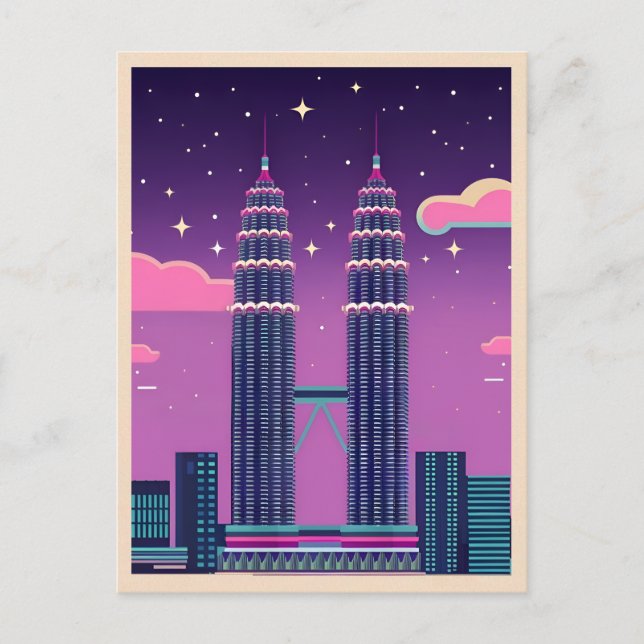 Carte Postale LoFi Vaporwave Retro 80s tours Petronas Malaisie (Devant)