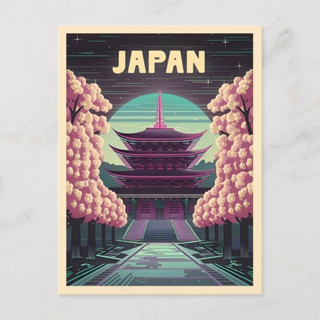 Carte Postale LoFi Vaporwave Rétro Temple Japonais Sakura 80s (Devant)