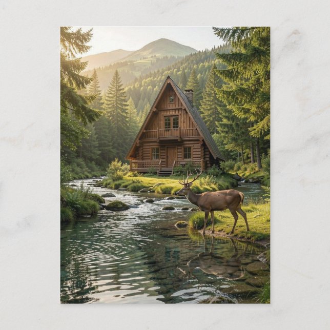 Carte Postale Log Cabin, Stream and Deer, Father's Day (Devant)