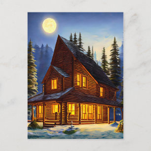 Carte Postale Log Cabine Dans Les Bois Paysage Neige Art