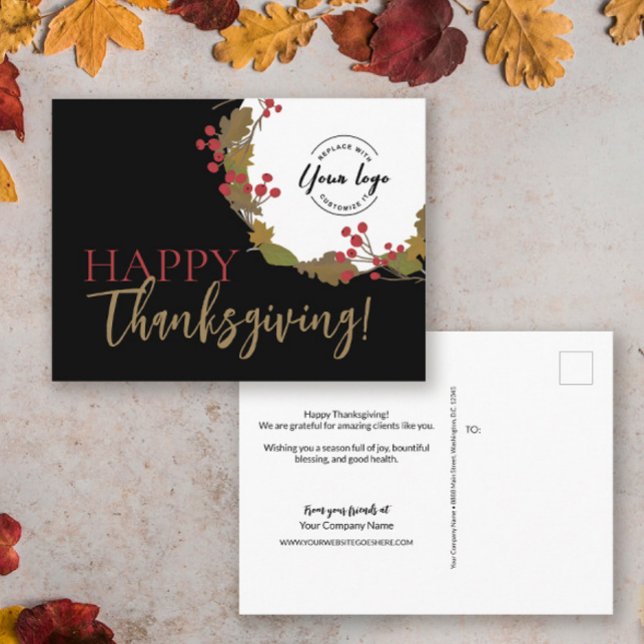 Carte Postale Logo d'entreprise dans Couronne de l'automne Joyeu (Business happy thanksgiving postcard greeting thank you. Fall leaves wreath with logo.)