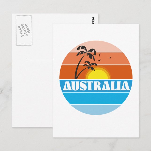Carte Postale logo rétro australien des années 80 coucher de sol (Devant / Derrière)