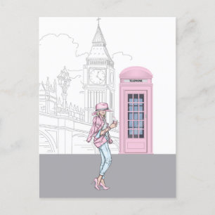 Carte Postale London City Girl avec boîte de téléphone rose