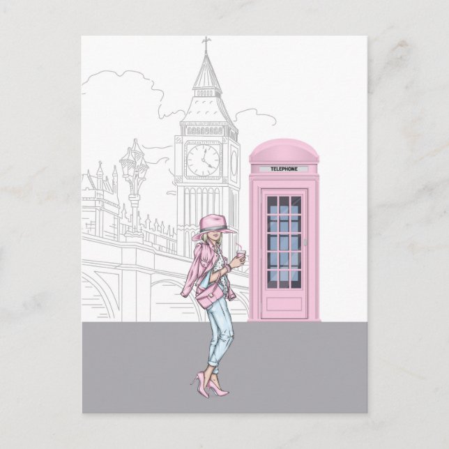 Carte Postale London City Girl avec boîte de téléphone rose (Devant)