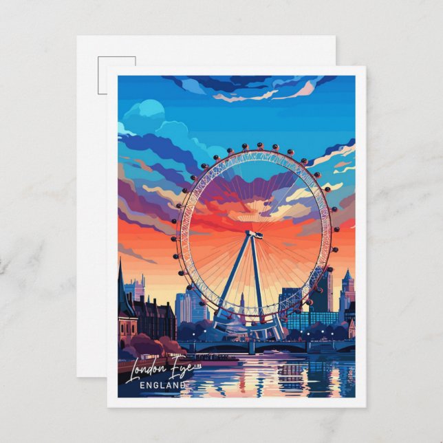 Carte Postale London Eye England Voyage illustration Vintage (Devant / Derrière)
