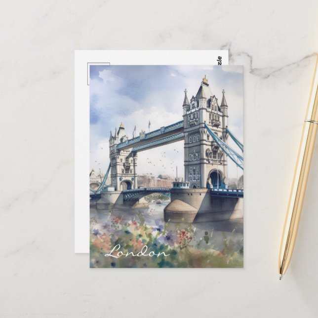 Carte Postale London Tower Bridge Travel Watercolor (Devant/Arrière en situation)