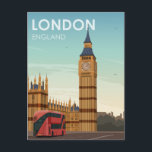 Carte Postale Londres Angleterre Big Ben Vintage voyage<br><div class="desc">Illustration de l'affiche de voyage du Retro London England qui présente un bus rouge à deux étages passant devant les Chambres du Parlement, ainsi qu'une vue sur la tour de l'horloge connue sous le nom de Big Ben. Ce design vintage vous rappellera des affiches de voyage classiques d'une époque révolue....</div>