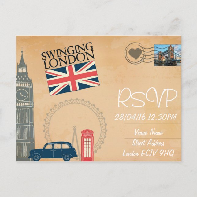 Carte Postale Londres Mariage à thème RSVP Invitation avec photo (Devant)