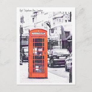 Carte Postale Londres, Red Telephone Box Watercolor