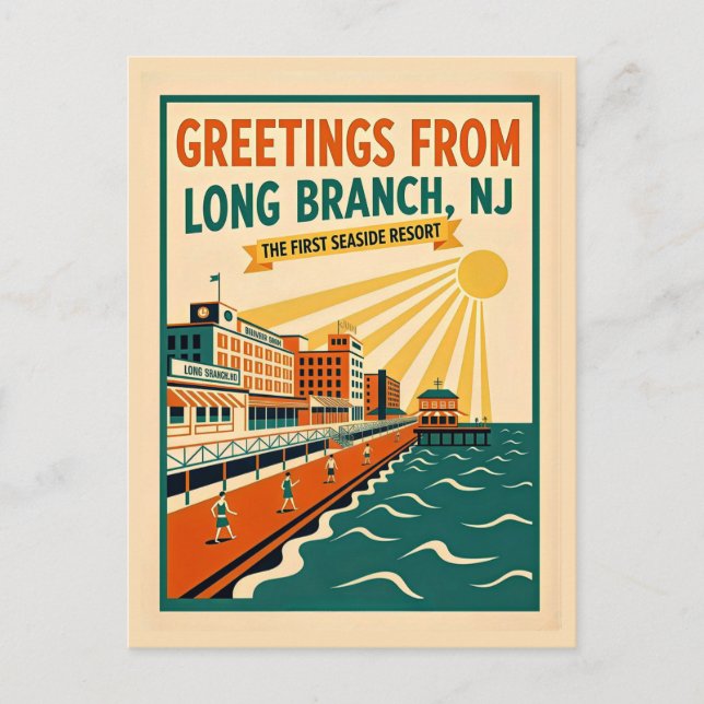 Carte Postale Long Branch NJ Art Rétro Fantaisiste (Devant)