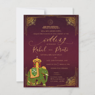 Carte Postale Lord Ganesh Red Gold Faire-part de mariage indienn