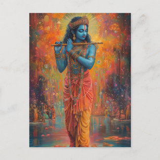 Carte Postale Lord Krishna jouant de la Flûte Orange Bleu Art 