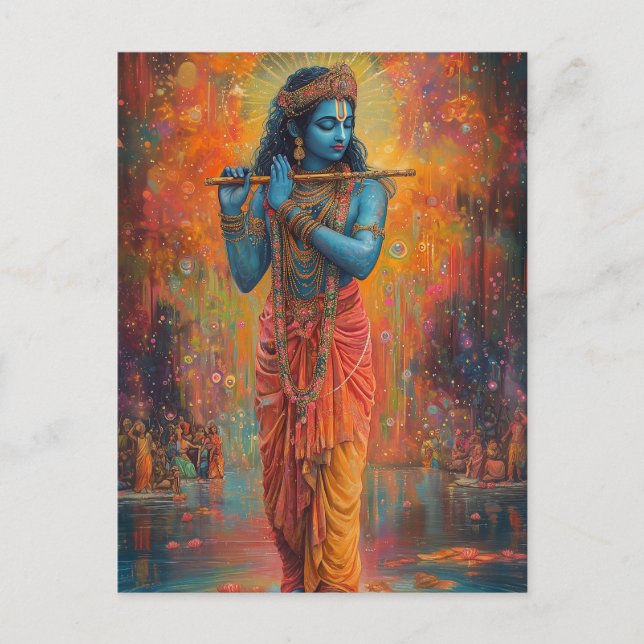 Carte Postale Lord Krishna jouant de la Flûte Orange Bleu Art  (Devant)