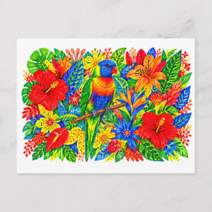 Carte Postale Loriquet arc-en-ciel Art de marqueur d'Hibiscus tr
