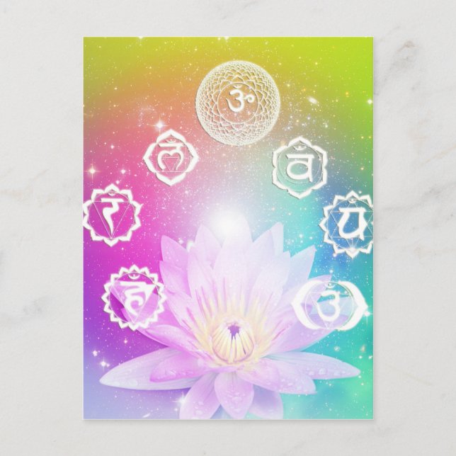 Carte Postale lotus blanc 7 chakras système d'énergie aura (Devant)
