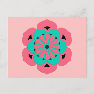 Carte Postale Lotus Flower Mandala, Coral rose et Turquoise