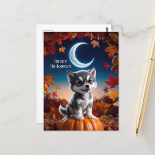 Carte Postale Loup adorable avec Crescent Moon Halloween Art