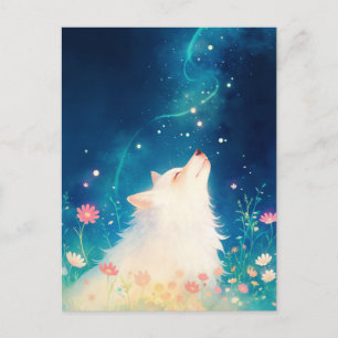 Carte Postale Loup Blanc Éthéré dans la Prairie Étoilée