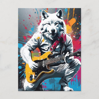 Carte Postale Loup blanc jouant de la guitare, graffiti