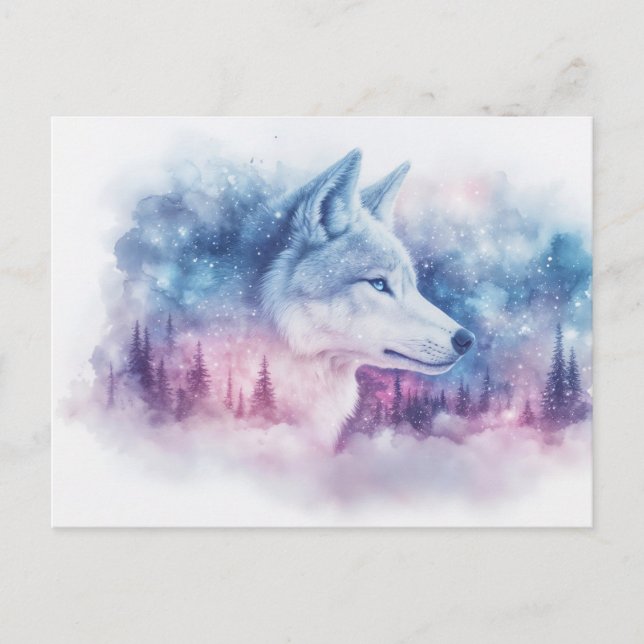 Carte Postale Loup Blanc Majestueux dans la Nébuleuse Violette (Devant)
