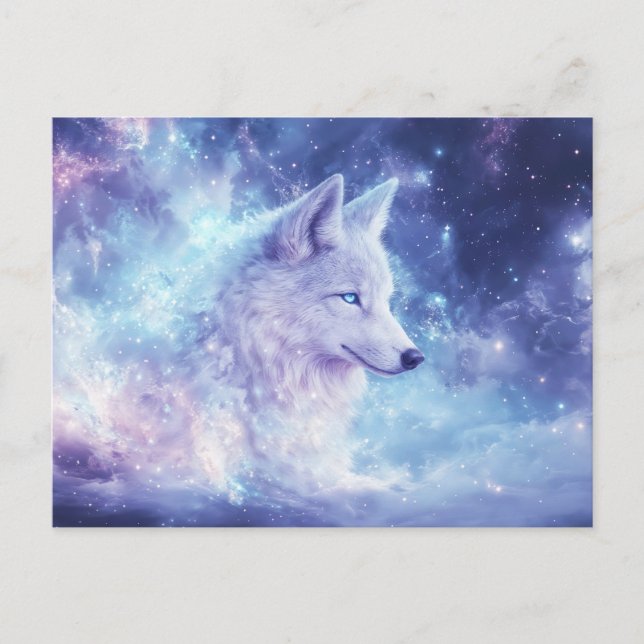Carte Postale Loup Blanc Majestueux dans la Nébuleuse Violette (Devant)