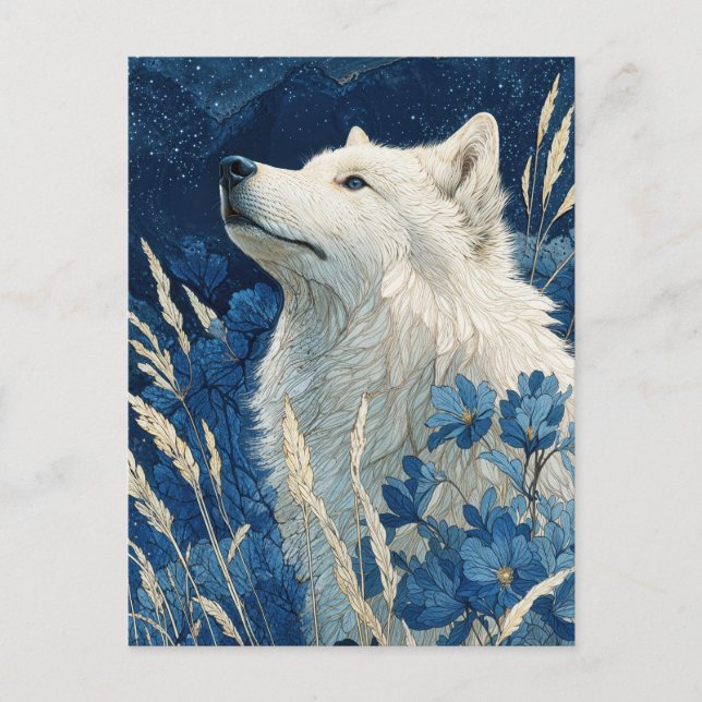 Carte Postale Loup Blanc Noble dans Jardin Bleu de Minuit (Devant)