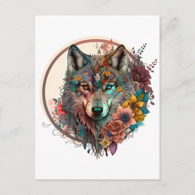 Carte Postale Loup Coloré Avec Fleurs (Devant)