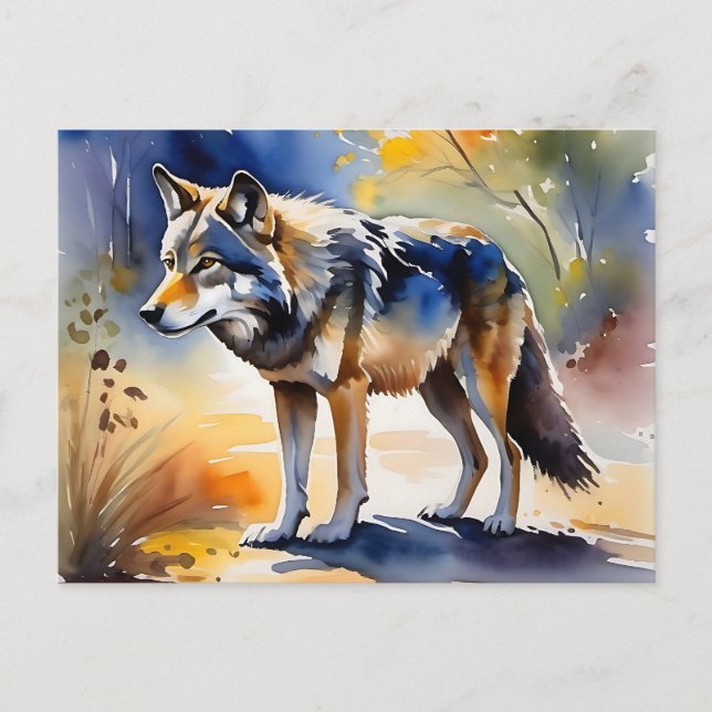 Carte Postale Loup dans une aquarelle de forêt (Devant)