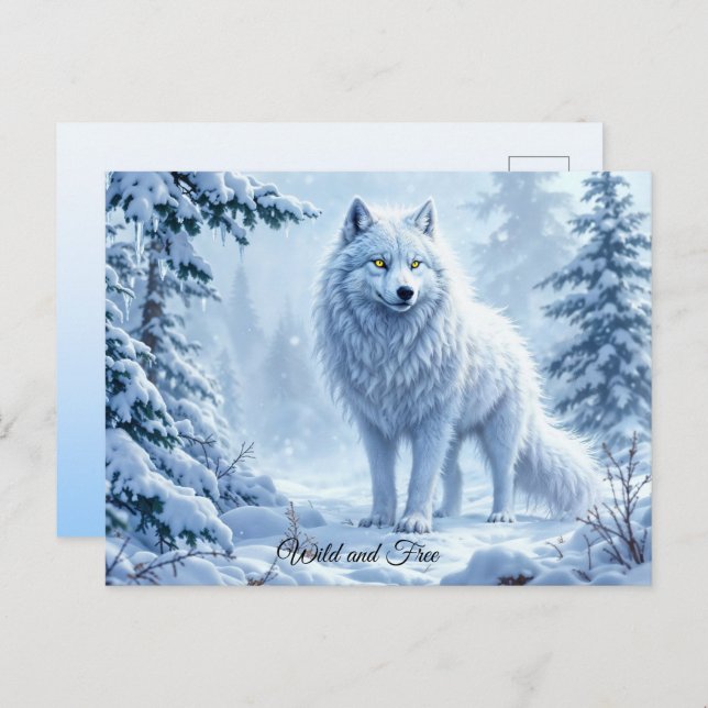 Carte Postale Loup de neige sauvage prédateur nature hiver art (Devant / Derrière)