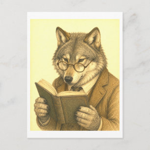 Carte Postale Loup de style vintage en lecture