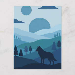 Carte Postale Loup en silhouette bleue et paysage aux deux lunes