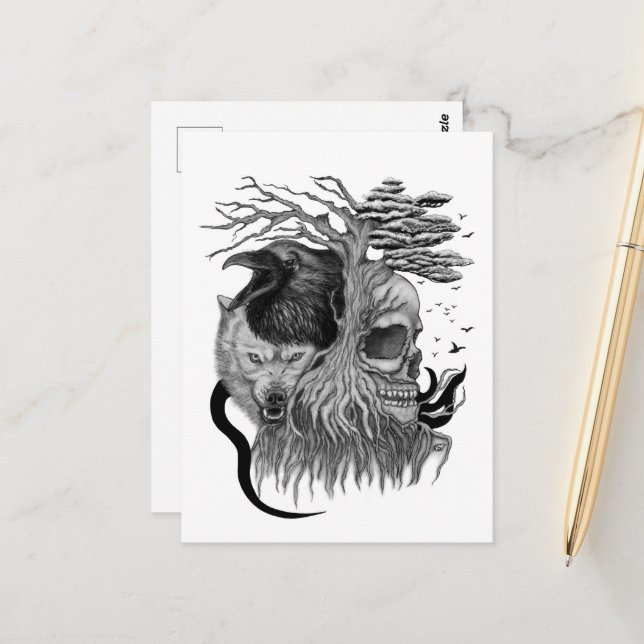 Carte Postale Loup et corbeau avec crâne (Devant/Arrière en situation)