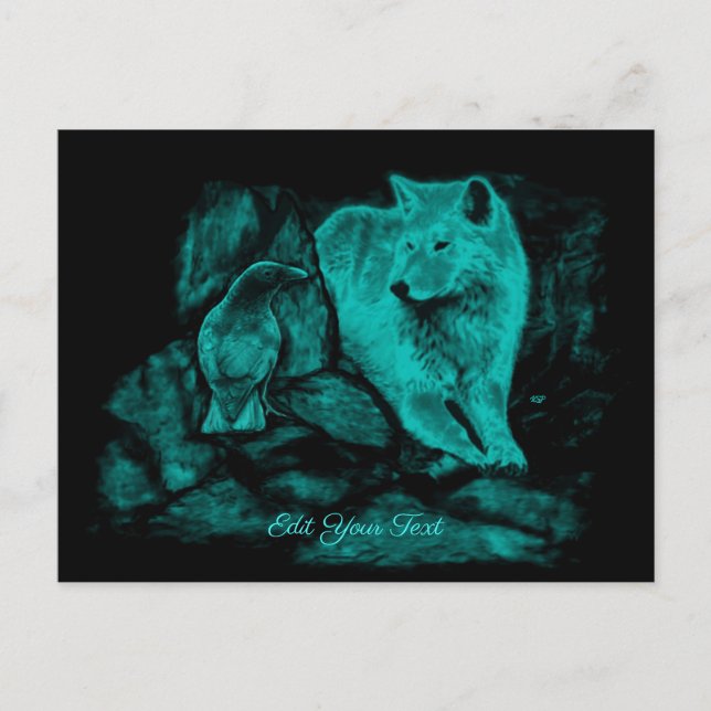Carte Postale Loup et corbeau dans la nuit (Devant)
