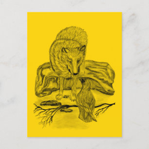 Carte Postale Loup et corbeau - Design noir et jaune