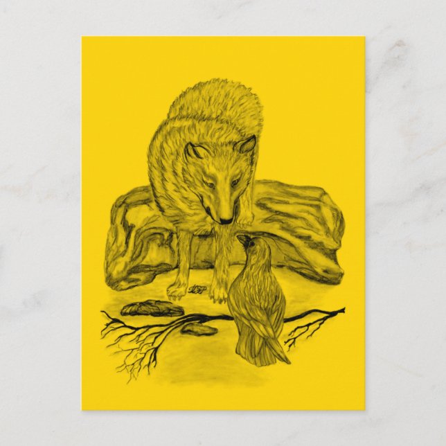 Carte Postale Loup et corbeau - Design noir et jaune (Devant)