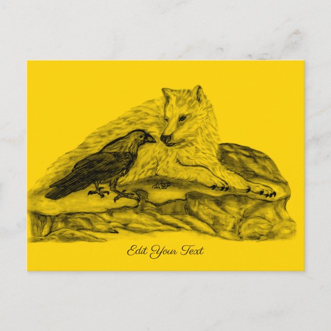 Carte Postale Loup et corbeau - Design noir et jaune (Devant)