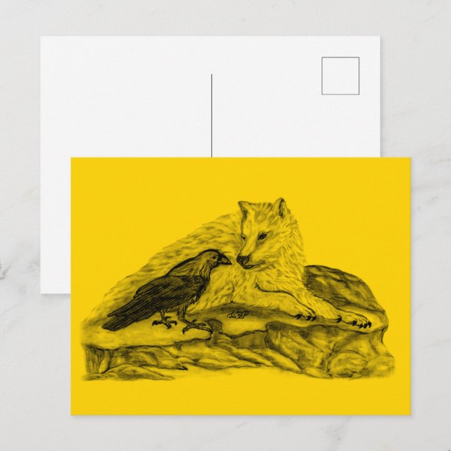 Carte Postale Loup et corbeau - Design noir et jaune (Devant / Derrière)
