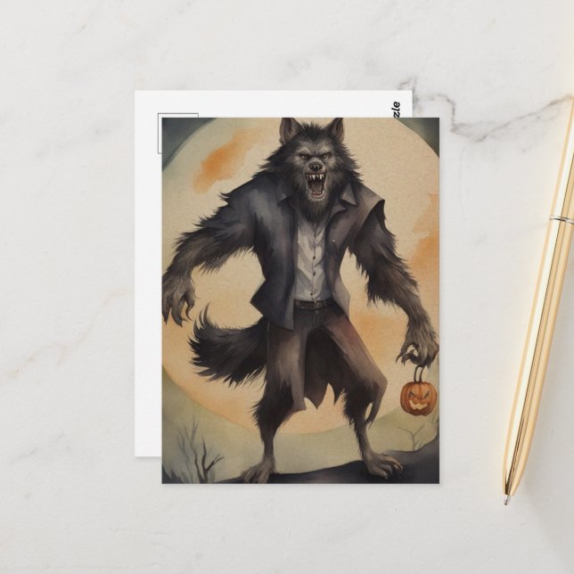 Carte Postale Loup-garou Halloween à l'aquarelle (Devant/Arrière en situation)