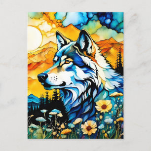 Carte Postale Loup gris et Fleurs sauvages