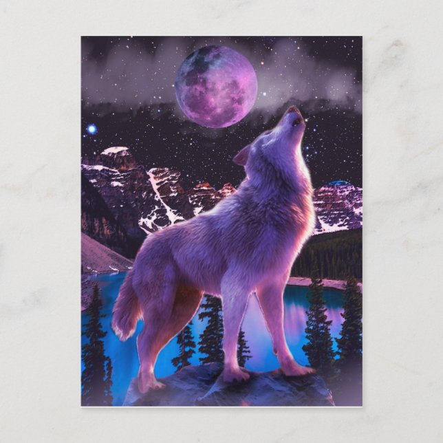 Carte Postale Loup gris hurlant dans la forêt (Devant)
