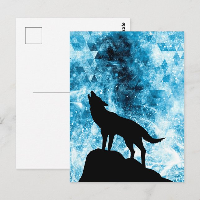 Carte Postale Loup hurlant Fumée bleue enneigée d'hiver Abstrait (Devant / Derrière)