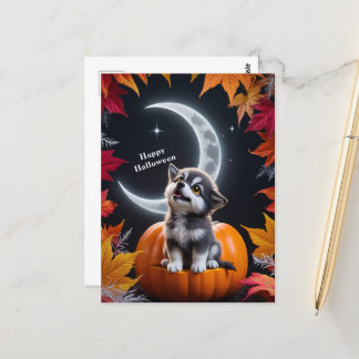 Carte Postale Loup mignon avec Crescent Moon nuit automne scen