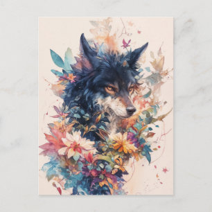 Carte Postale Loup Mystique dans des Floraisons d'Aquarelle Vibr