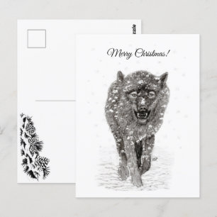 Carte Postale Loup noir en colère dans la neige, hiver sauvage